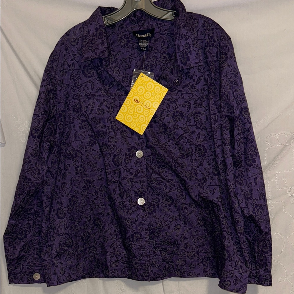 Denim & Co. 1X Floral Print Button Down Collared Blouse Cotton Polyester New - Picture 5 of 16